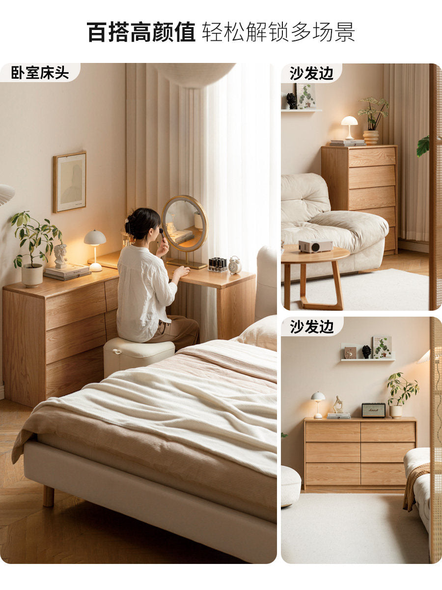Solid wood bedroom chest of drawers, 5-drawer oak storage cabinet, minimalist home storage unit with slanted drawer faces.
